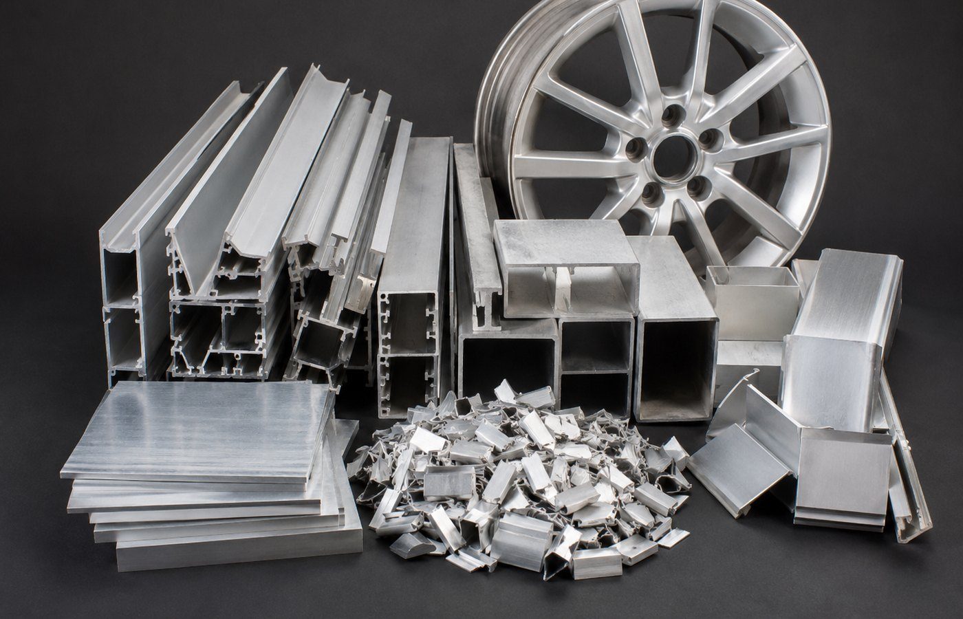 Aluminiumschrott mit Profilen, Felgen, Blechen und Alu-Spänen