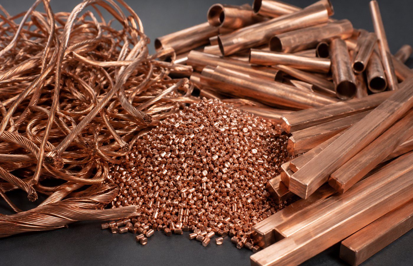 Kupferschrott mit Kupferkabeln, Rohren und Kupferprofilen